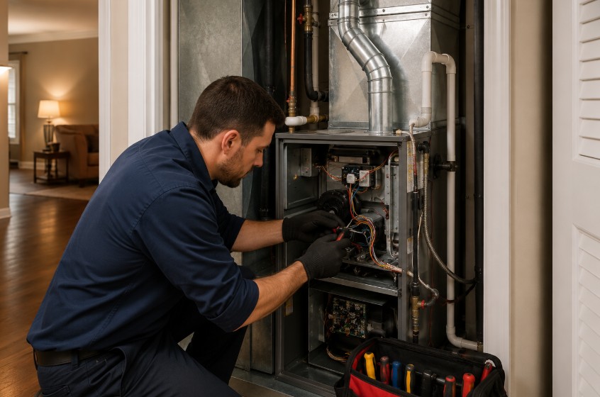 Memphis technician repairing hvac system in home