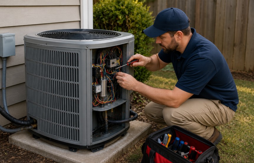 hvac technician repairing emergency ac issue with tool