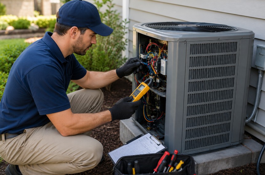 HVAC technician performing routine maintenance on an outdoor AC unit in Memphis, TN