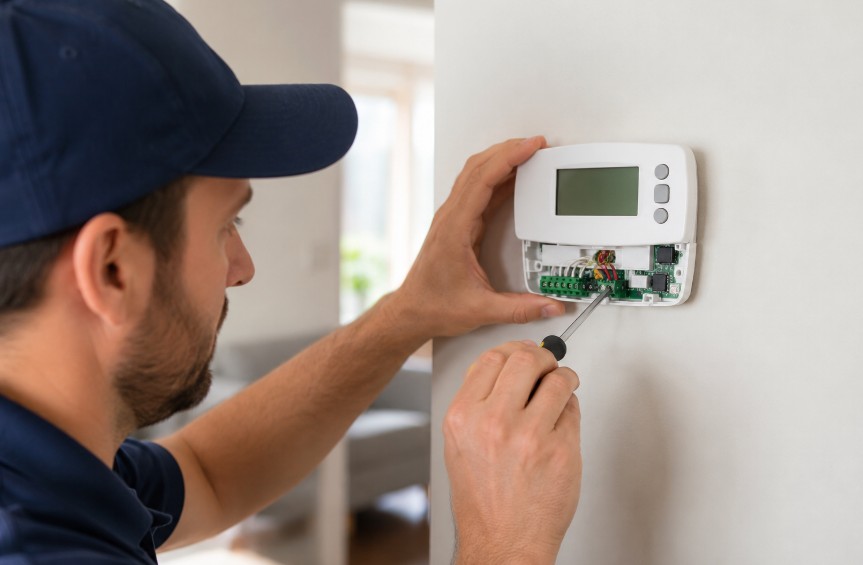 technician repairing thermostat with tool in memphis