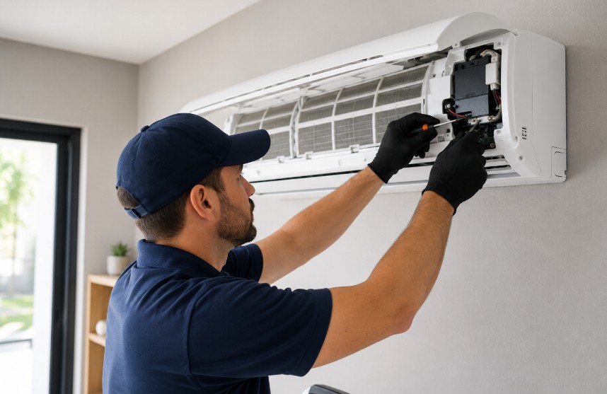 Professional HVAC technician repairing a wall-mounted ductless mini split air conditioner in Memphis, Tennessee.